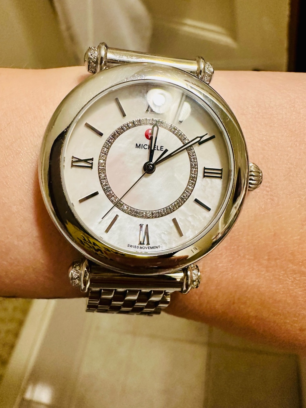 Lk New Michele Diamond Watch Mother Pearl Diamond Watch New Battery All Links - Picture 8 of 9
